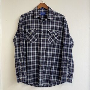 Pendleton Tracker‎ Shirt Mens Large Brown Blue Plaid Button-Up Flap Pockets READ